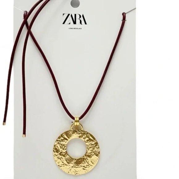 Zara Brown Corded Necklace With Textured Gold Plated Circle Charm New ✨✨🔥 - Picture 8 of 11